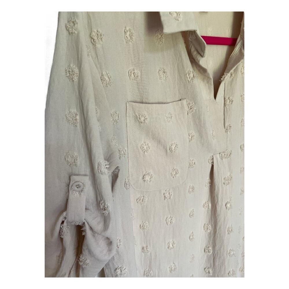 Women's Trendy Boho Beige Pom Pom Dress Lightweight Tunic Shirt Vacation Sz Med - Picture 6 of 6
